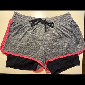 Champion, DuoDry (+), athletic shorts, pink and gray, with black spandex shorts
